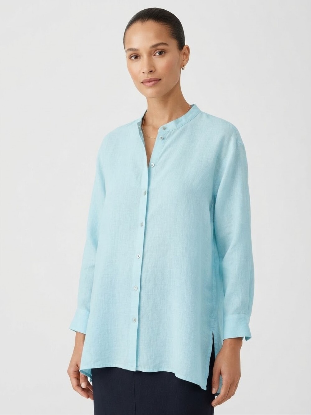 Eileen Fisher Light Blue Linen Mandarin Collar Button Front Top Size Large